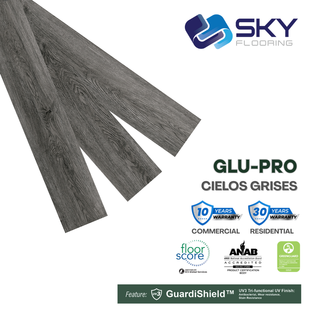 GLU PRO, Glue Down Vinyl Plank LVT Flooring, 22 mil, 3mm 37.333 Sq Ft/Box Cielos Grises