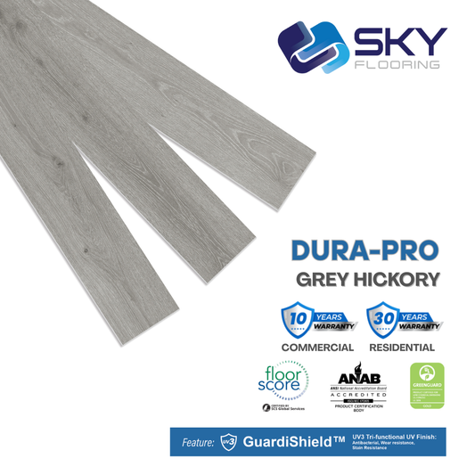 DURA PRO, Click-In Vinyl Plank SPC Flooring, 22 mil, 6.5mm 19.225 Sq Ft/Box Grey Hickory