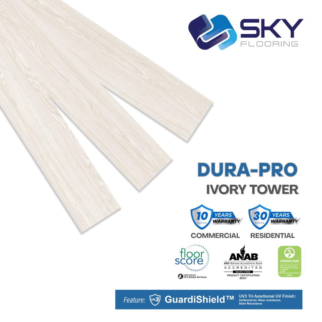 DURA PRO, Click-In Vinyl Plank SPC Flooring, 22 mil, 6.5mm 19.225 Sq Ft/Box Ivory Tower