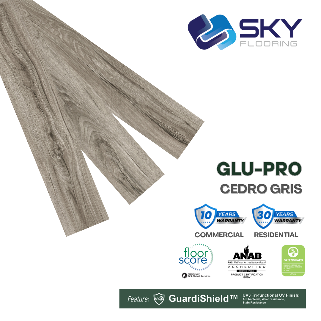 GLU PRO, Glue Down Vinyl Plank LVT Flooring, 22 mil, 3mm 37.333 Sq Ft/Box Cedro Gris