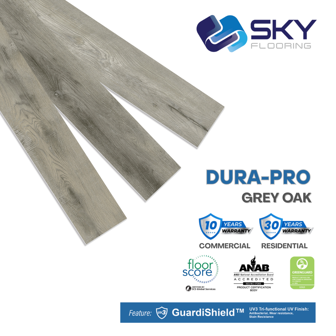 DURA PRO, Click-In Vinyl Plank SPC Flooring, 22 mil, 6.5mm 19.225 Sq Ft/Box Grey Oak