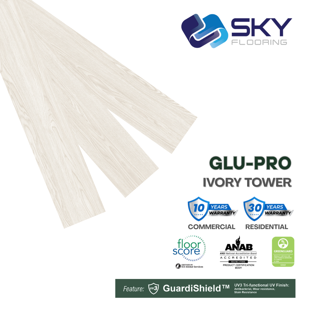 GLU PRO, Glue Down Vinyl Plank LVT Flooring, 22 mil, 3mm 37.333 Sq Ft/Box Ivory Tower