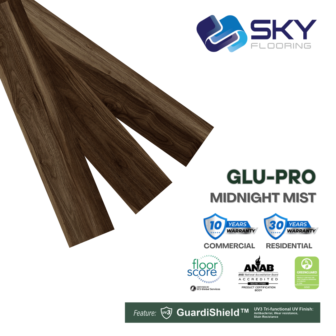 GLU PRO, Glue Down Vinyl Plank LVT Flooring, 22 mil, 3mm 37.333 Sq Ft/Box Midnight Mist