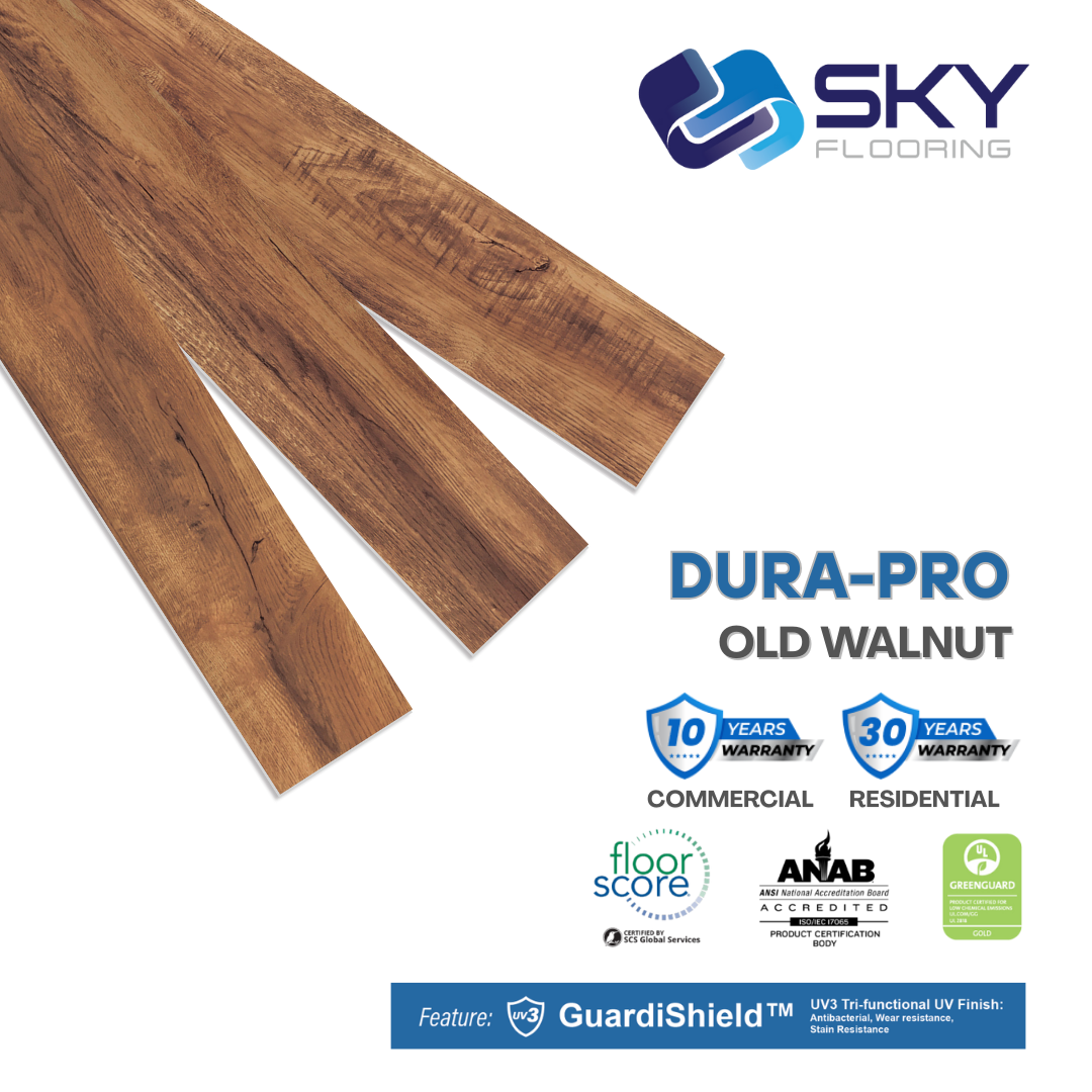 DURA PRO, Click-In Vinyl Plank SPC Flooring, 22 mil, 6.5mm 19.225 Sq Ft/Box Old Walnut