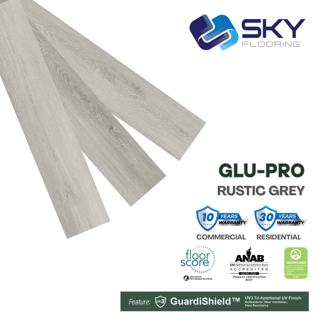 GLU PRO, Glue Down Vinyl Plank LVT Flooring, 22 mil, 3mm 37.333 Sq Ft/Box RUSTIC GREY