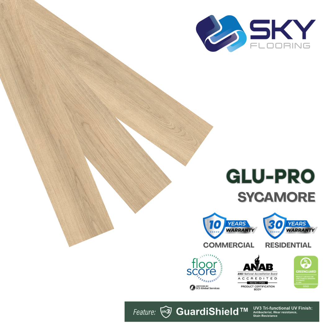 GLU PRO, Glue Down Vinyl Plank LVT Flooring, 22 mil, 3mm 37.333 Sq Ft/Box Sycamore