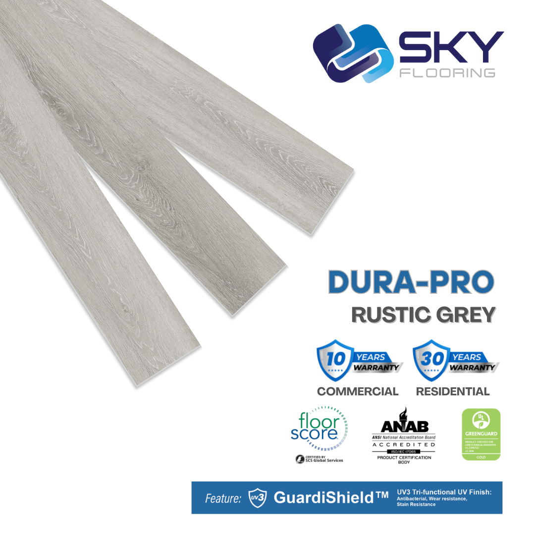 DURA PRO, Click-In Vinyl Plank SPC Flooring, 22 mil, 6.5mm 19.225 Sq Ft/Box RUSTIC GREY
